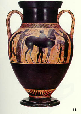 Attic blackfigure amphora Vatican Museum:  Opposite side of vase depicting Achilles and Ajax by Exekias, with Return of the Dioskouroi.  Ca. 530 B.C.  H.0.61.
