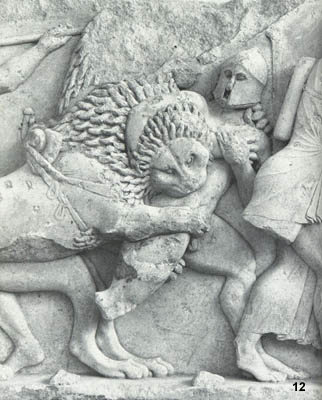 Marble panel North frieze of Treasury of the Siphnians, Delphi:  (detail, gods and giants).  Ca. 525 H.0.64.  