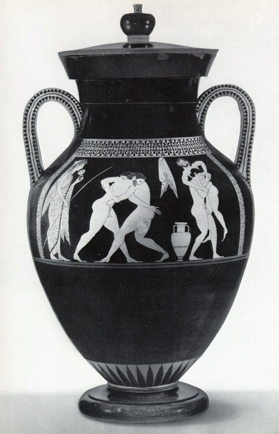 Attic redfigure belly amphora (detail) Staatliche Museen  Berlin F 2159:  scene of wrestling.  Ca. 525-520.  