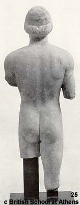 Back view of Marble kouros  NM Athens from Ptoon (no. 20).  515-500 B.C. H.1.03.