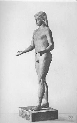 Bronze kouros  Louvre Paris from sea at Piombino.  500-480 B.C. (?).  H.1.15.  