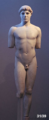 Marble kouros  Acropolis Museum no. 698 ("Kritios Boy").  Ca. 480 B.C.  H.0.86. 