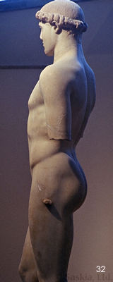 Side view of Marble kouros  Acropolis Museum no. 698 ("Kritios Boy").  Ca. 480 B.C.  H.0.86. 