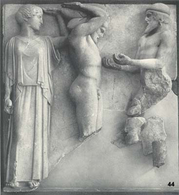 Marble metope  NM Olympia Zeus Temple:  Apples of the Hesperides.  470-460 B.C.  H.1.60.  