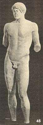 Marble kouros  NM Athens no. 45: Omphalos Apollo (Roman copy).  Original: 460-450 B.C.  H.1.77.  