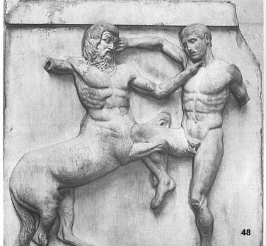 Marble metope  British Museum London Parthenon no. 31:  Lapith and centaur 450-440 B.C.  H.1.48.  