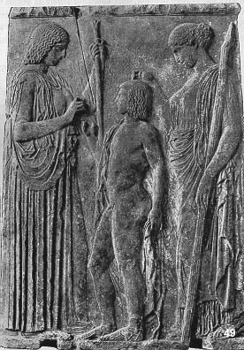 Marble panel  NM Athens:  Eleusinian votive relief.  440-430 B.C.  H.2.40.  