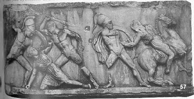 Marble panel British Museum London from Halikarnassos:  Amazonomachy no. 1022 ascribed to Timotheos.  Ca. 350 B.C.  H.0.89.  