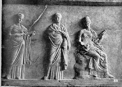 Marble panel  NM Athens from Mantineia:  three muses.  Ca. 375 B.C.  H. 