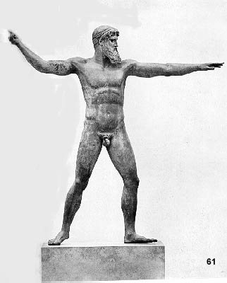 Bronze statue  NM Athens from Cape Artemision:  god with missile.  470-460 B.C.  H.2.09. 