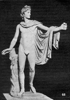 Marble statue  Vatican Museum:  Apollo Belvedere attributed to Leochares (Roman copy).  Original:  330-300 B.C.  H.2.24. 