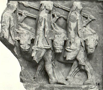 Limestone metope NM Delphi Cattle theft by heroes from monopteros of Sikyon.  Ca. 560 B.C.  H.0.58.  